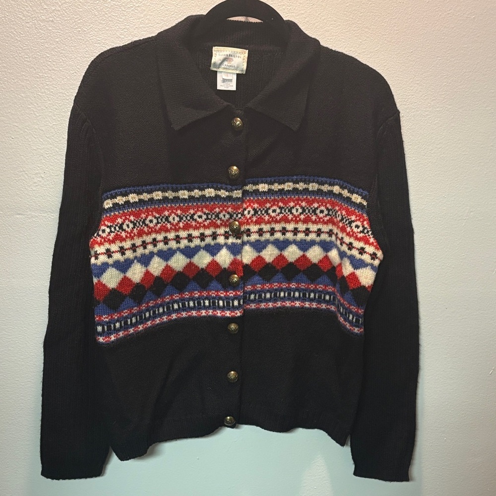 100% Wool Argyle Patterned Knit Black Sweater Sz L